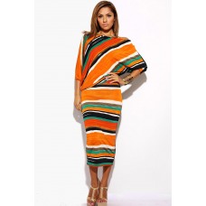 Teal Orange Abstract Striped Draped Maxi Dress