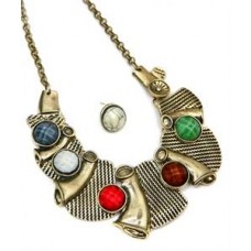 Fashion Burnish Gold Multi Color Faceted Colored Stone Necklace & Earring Set